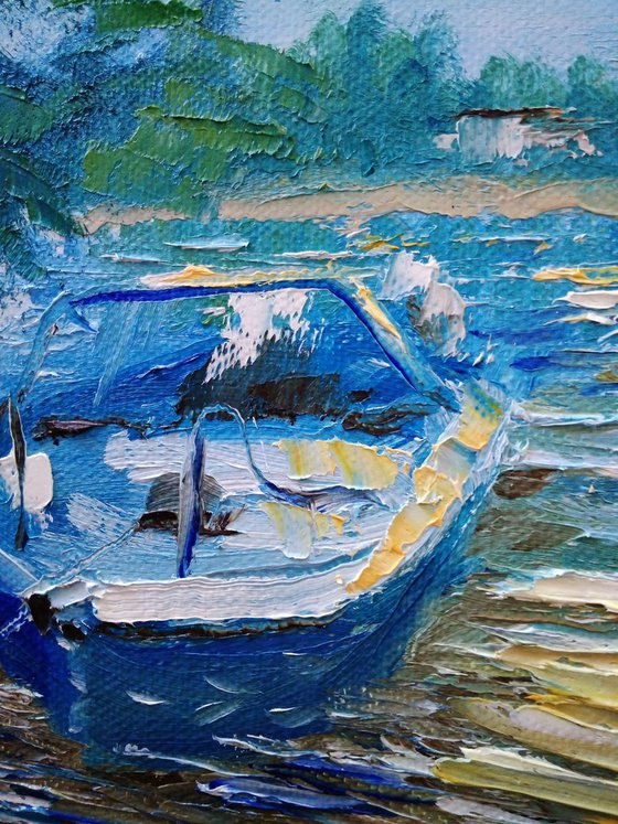 Fishing boat on the river. Plein air painting