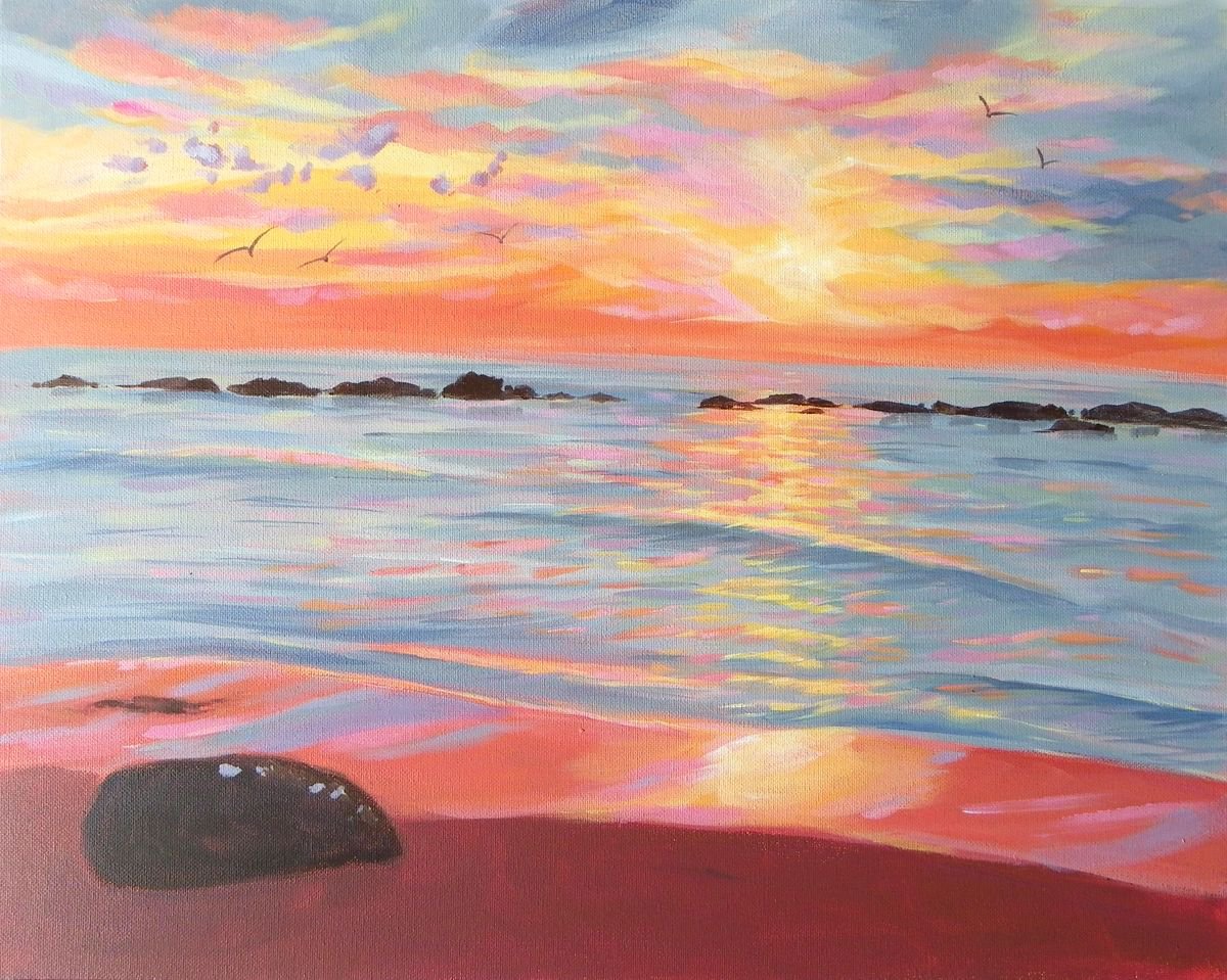 Impressionistic Landscape Acrylic Painting By Mary Stubberfield, 20 X 16", Sunset Meditation, Original Artwork