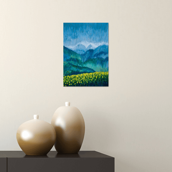 Mountain Original Painting, Oil Pastel Drawing, Green Landscape Artwork, Nature Wall Art