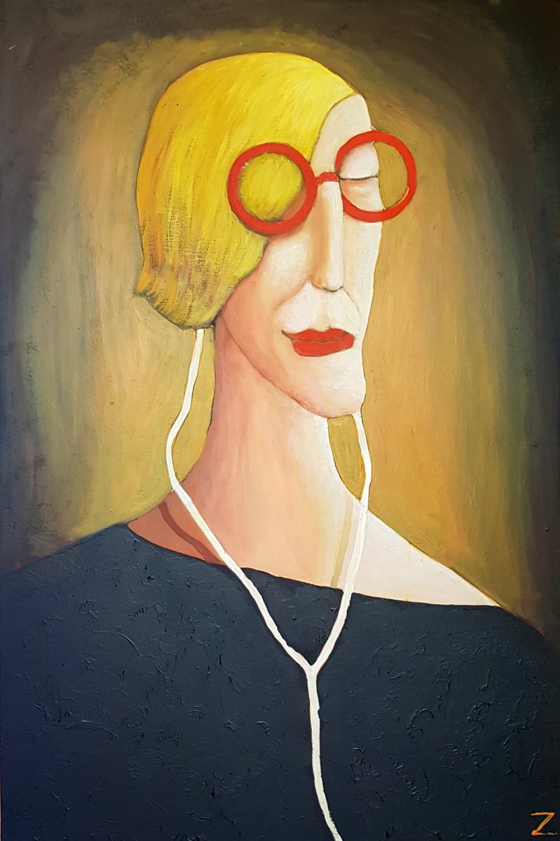 Portrait Acrylic Painting By Zhana Viel, 24 X 36", Tune In O-O, Original Artwork