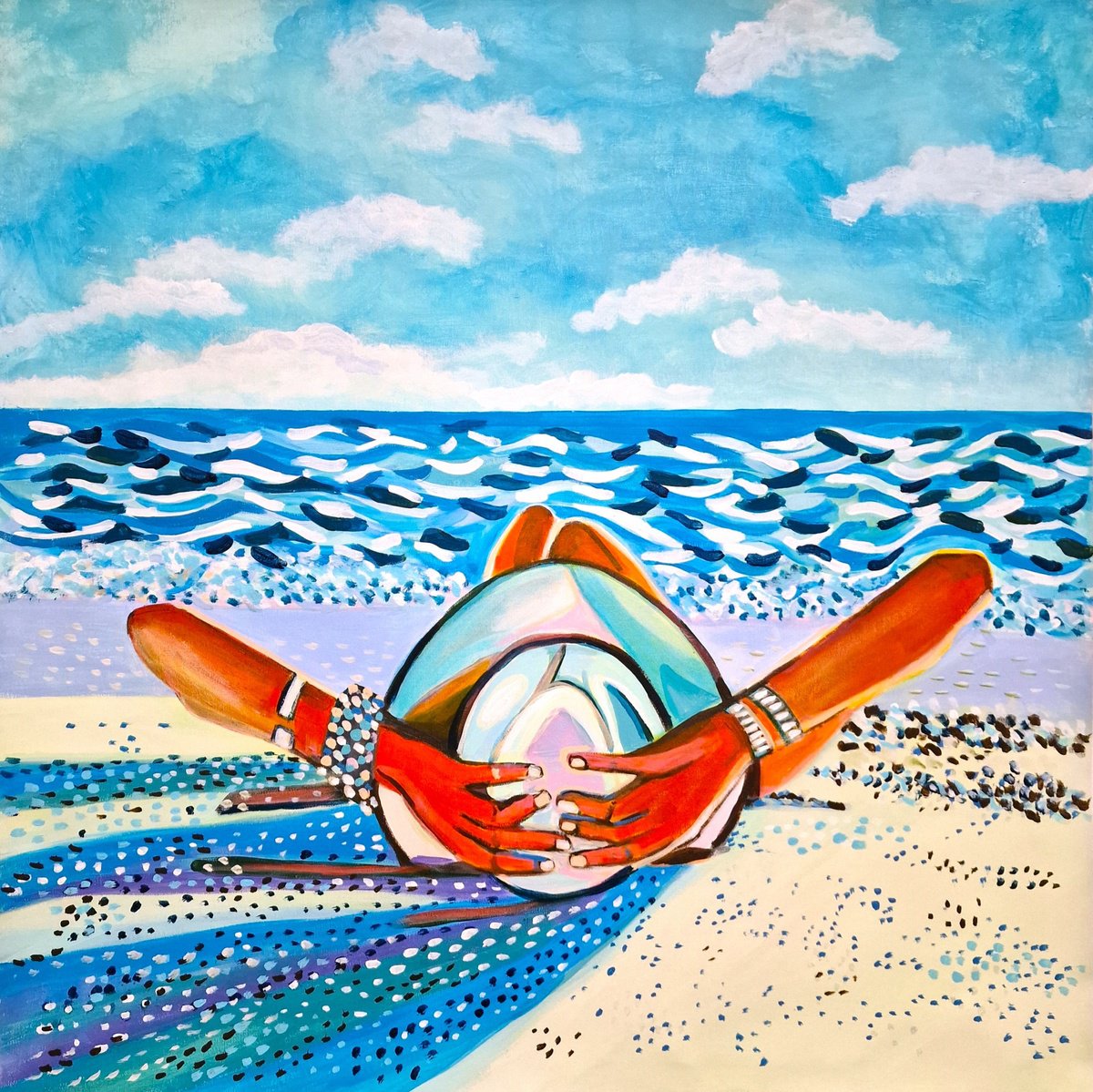 Impressionistic Portrait Acrylic Painting By Alexandra Djokic, 24 X 24, At The Beach, Original Artwork