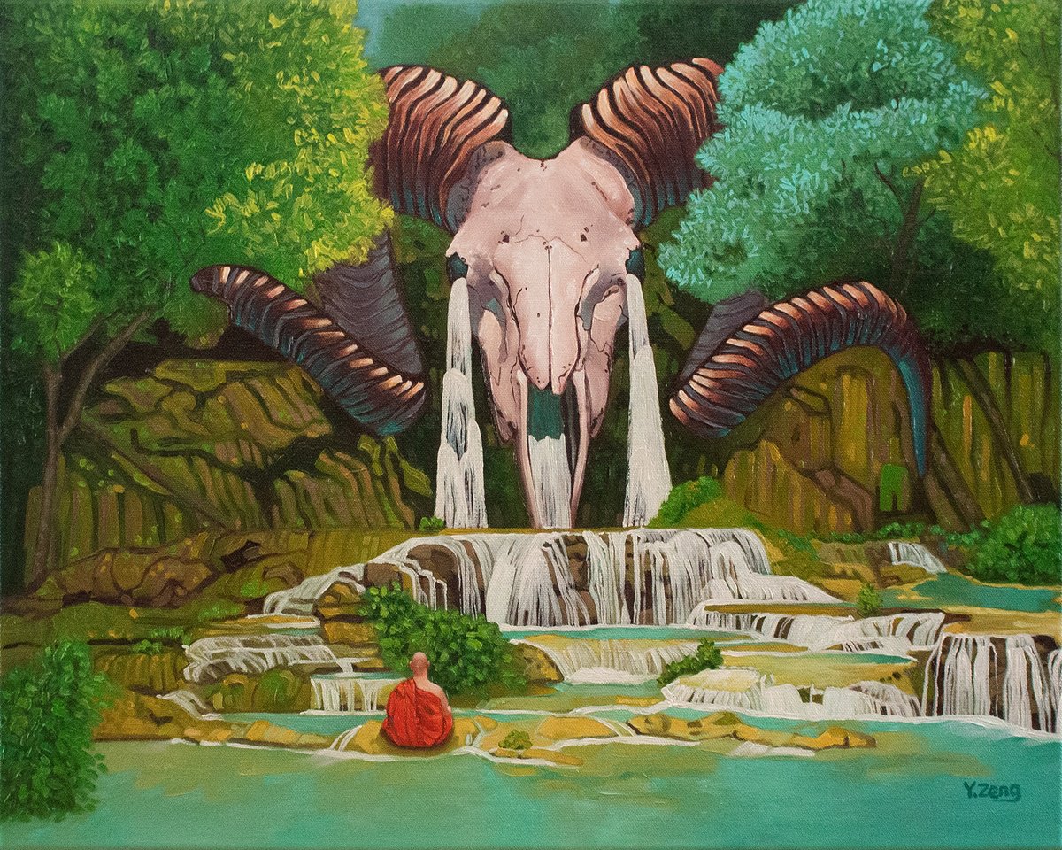 Surrealistic Landscape Oil Painting By Yue Zeng, 20 X 16", Ram Skull Waterfall, Original Artwork