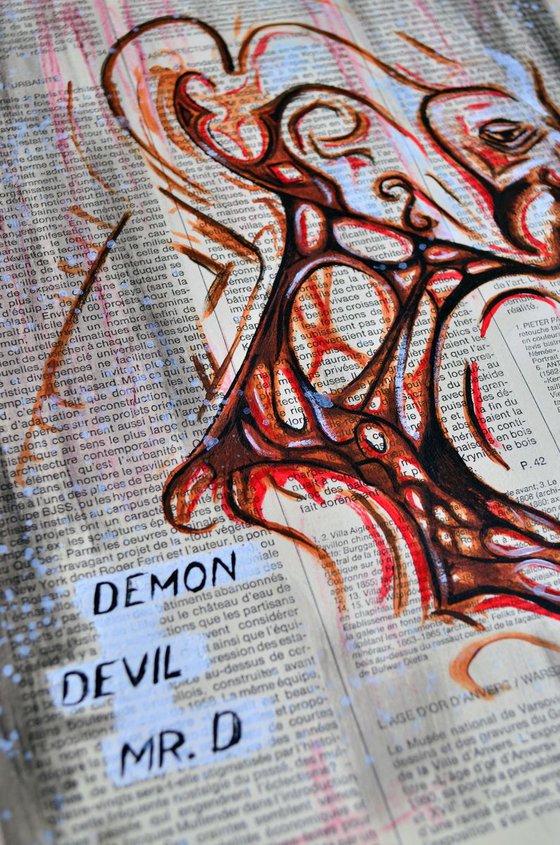 Demon - Original Painting Collage Art on Vintage Page