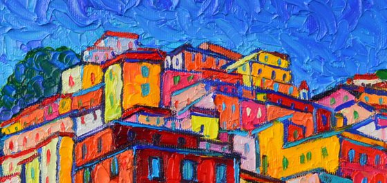 RIOMAGGIORE SUNSET CINQUE TERRE ITALY - contemporary impressionist cityscape palette knife oil painting