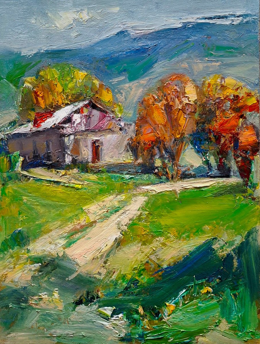 Autumn Road To The Cottage By Matevos Sargsyan, 12 X 16, Artwork For Sale On Artfinder