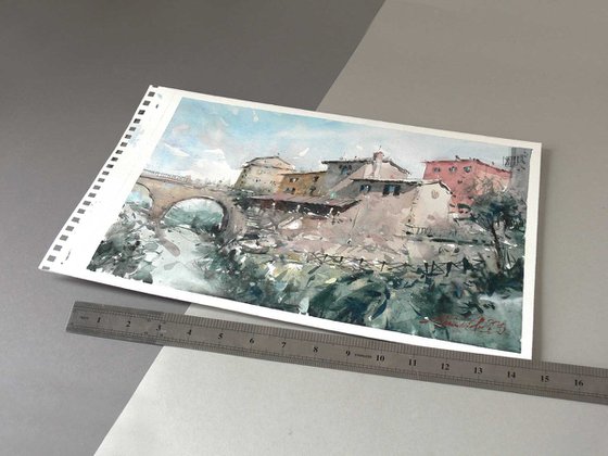 Italian countryside landscape, watercolor on paper.