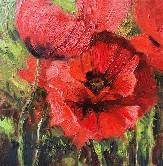 Poppy painting red flowers oil painting original 4x4 framed small, Loving memory gift