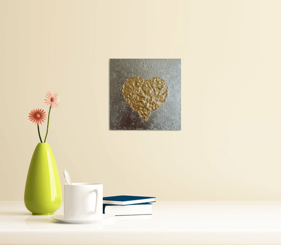 Gold Heart Painting Original Art Silver Leaf Artwork Impasto Mini Wall Art