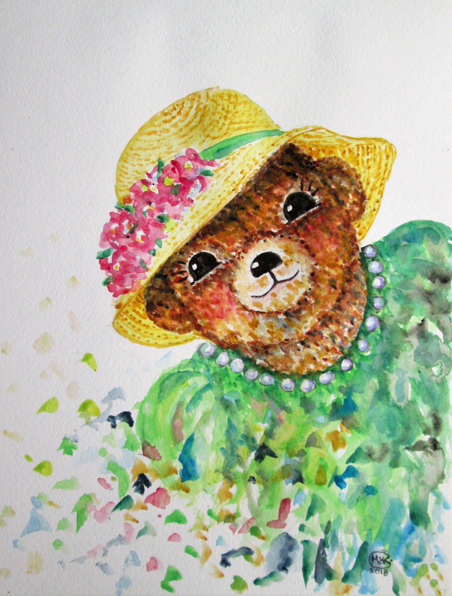 Naive Animal Watercolour By Marjansart, 9 X 12", Bonny Bear In A Hat, Original Artwork