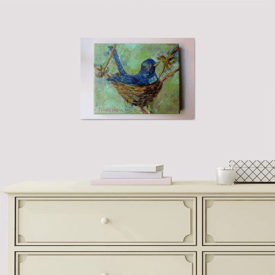 Blue Torquoise Titmouse Painting 6x8in Oil,Pretty Mini Canvas Art,Lady Bird Nest,Inspirational Miniature,Birdwatching,Farmhouse Gallery Wall