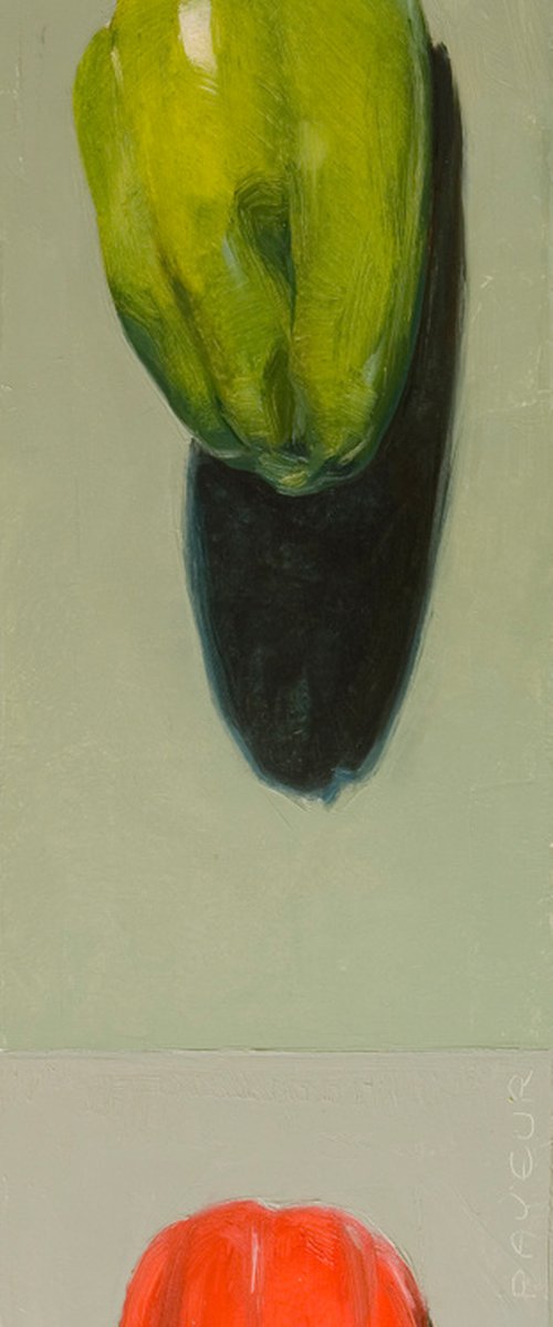 gift for food lovers: modern diptych, still life of red and green pepper by Olivier Payeur