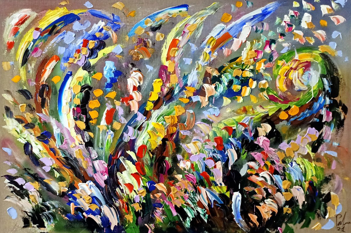 Sbocciano i fiori acrilico su puro lino 100x150cm 2021 by Antonino Puliafico