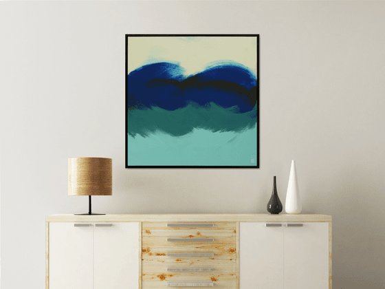 Incl Frame - Abstract Square Painting - The Wave in Blue - 85x85cm - Ronald Hunter - 22J