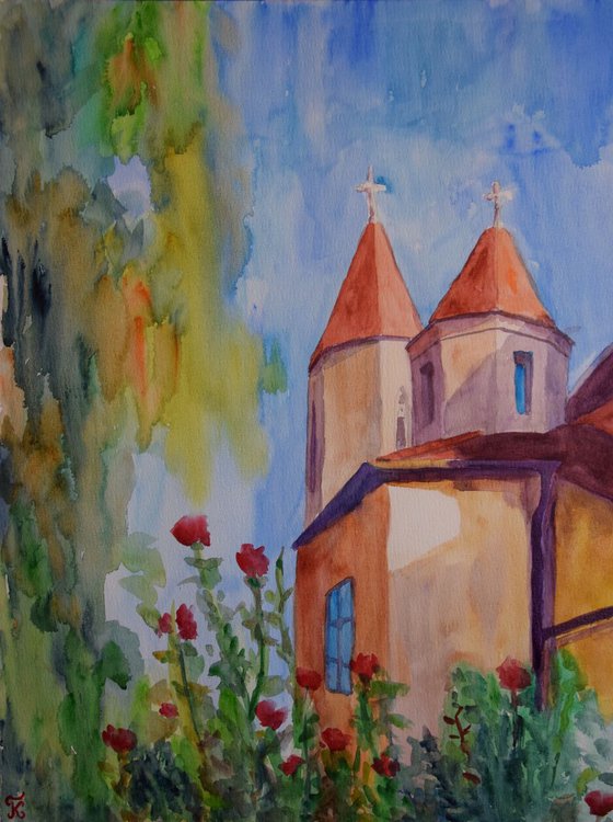 Watercolor painting Church in Slovak Town Trnava