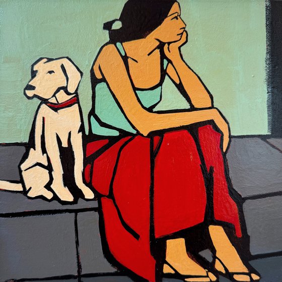 Dog and Woman in Red Skirt Small Painting