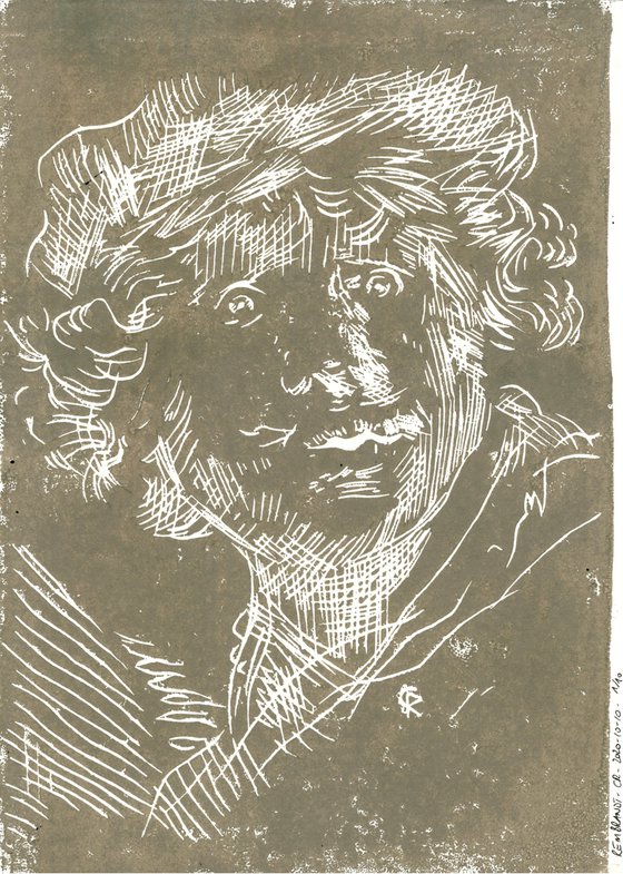 Selbstbildnis mit aufgerissenen Augen - Linoprint inspired by Rembrandt