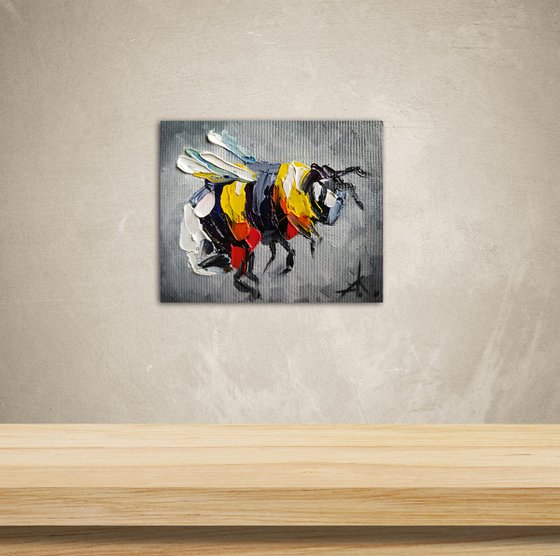 Small bumblebee - small painting, oil painting, postcard, bumblebee, bumblebee oil, painting, gift, gift idea, insects