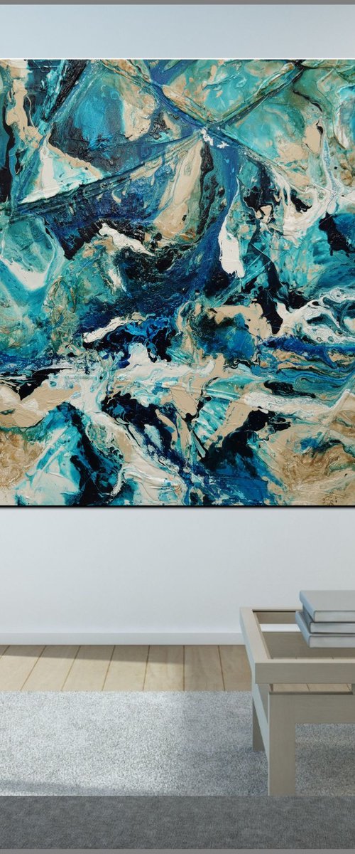 Squared Southern Oceans 150cm x 150cm Teal Textured Abstract Art by Franko