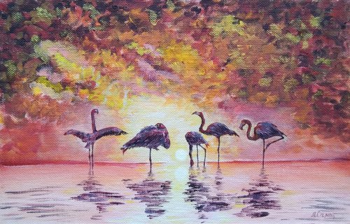 Flamingo - African flamingos at sunrise, acrylic painting for the interior by Liubov Samoilova