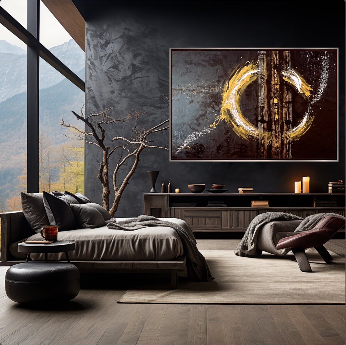 Abstract Acrylic Painting By Indie Ru, 85 X 59, Gold Circle Of Abundance, Original Artwork