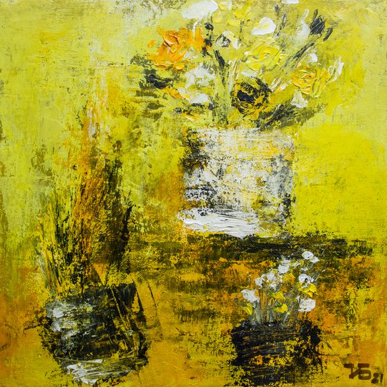 Yellow still life with white roses