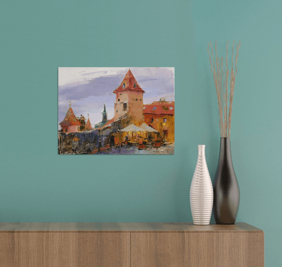 Ancient castle in Bardejov. Slovakia . Original plain air oil painting