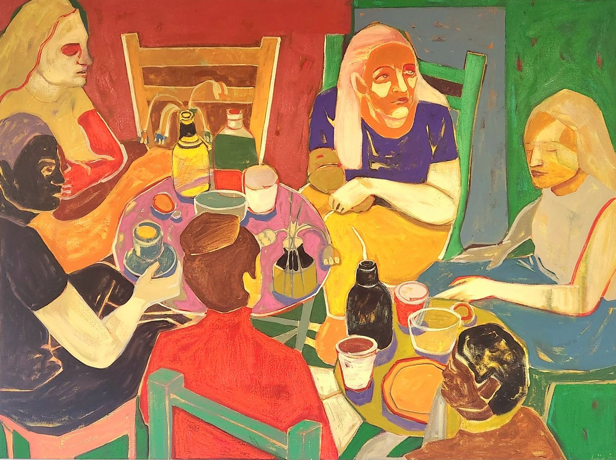 Expressive Portrait Oil Painting By Anahita Amouzegar, 39 X 30, Chairs And Stories, Original Artwork