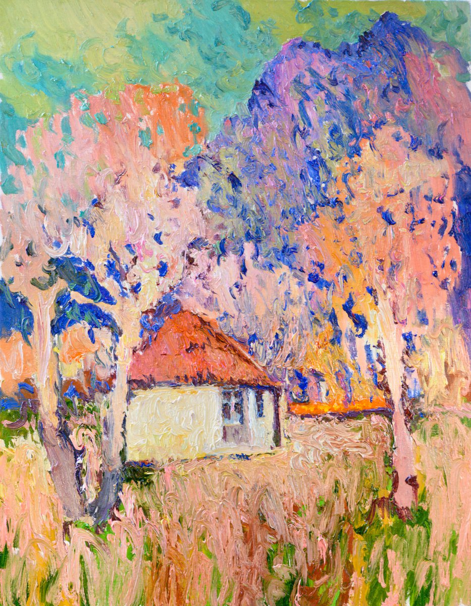Expressive Landscape Oil Painting By Suren Nersisyan, 22 X 28", House Under The Blue Mountain, Original Artwork