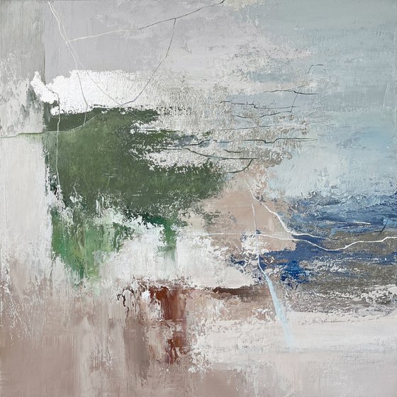 "Green Wave 3" Blue green gray abstract art