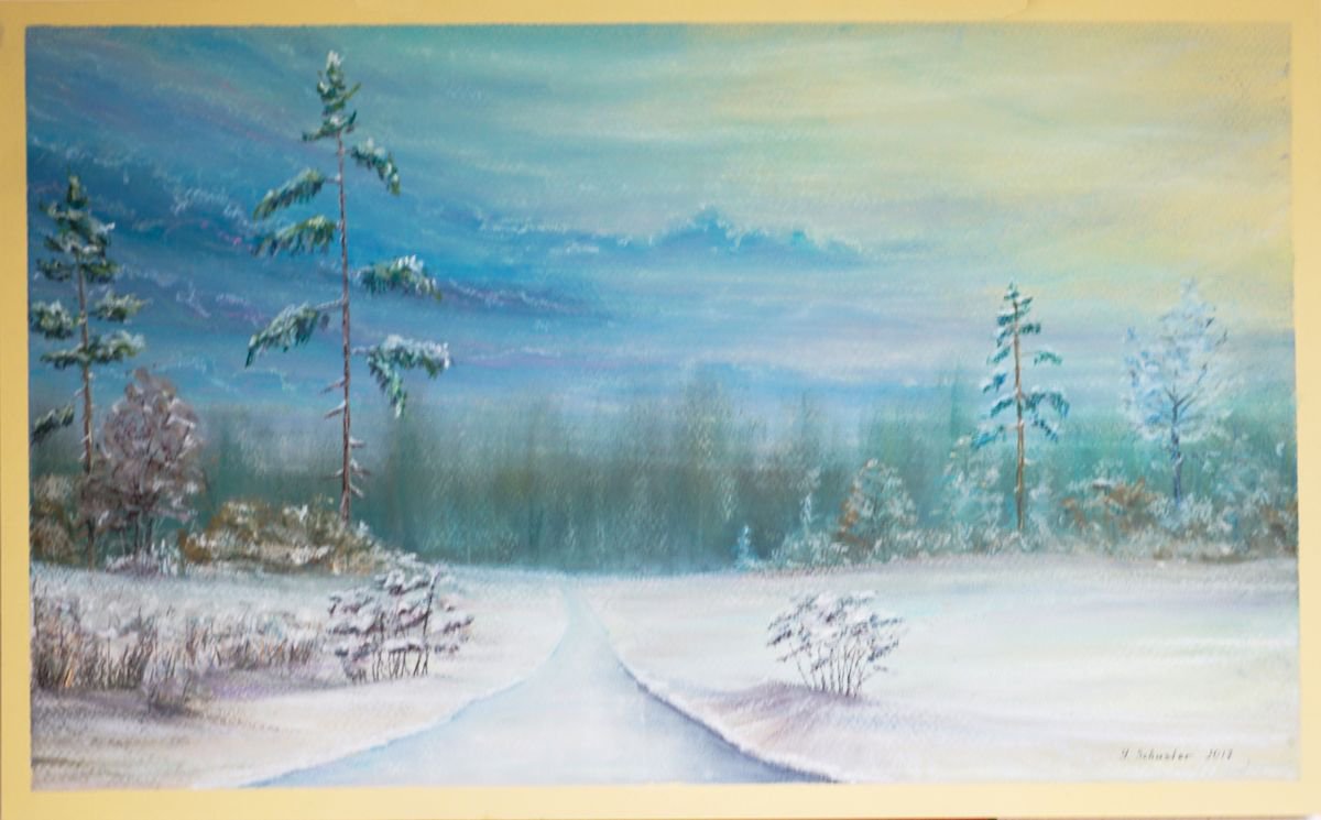 Impressionistic Landscape Pastel Drawing By Yulia Schuster, 20 X 13", First Snow, Original Artwork