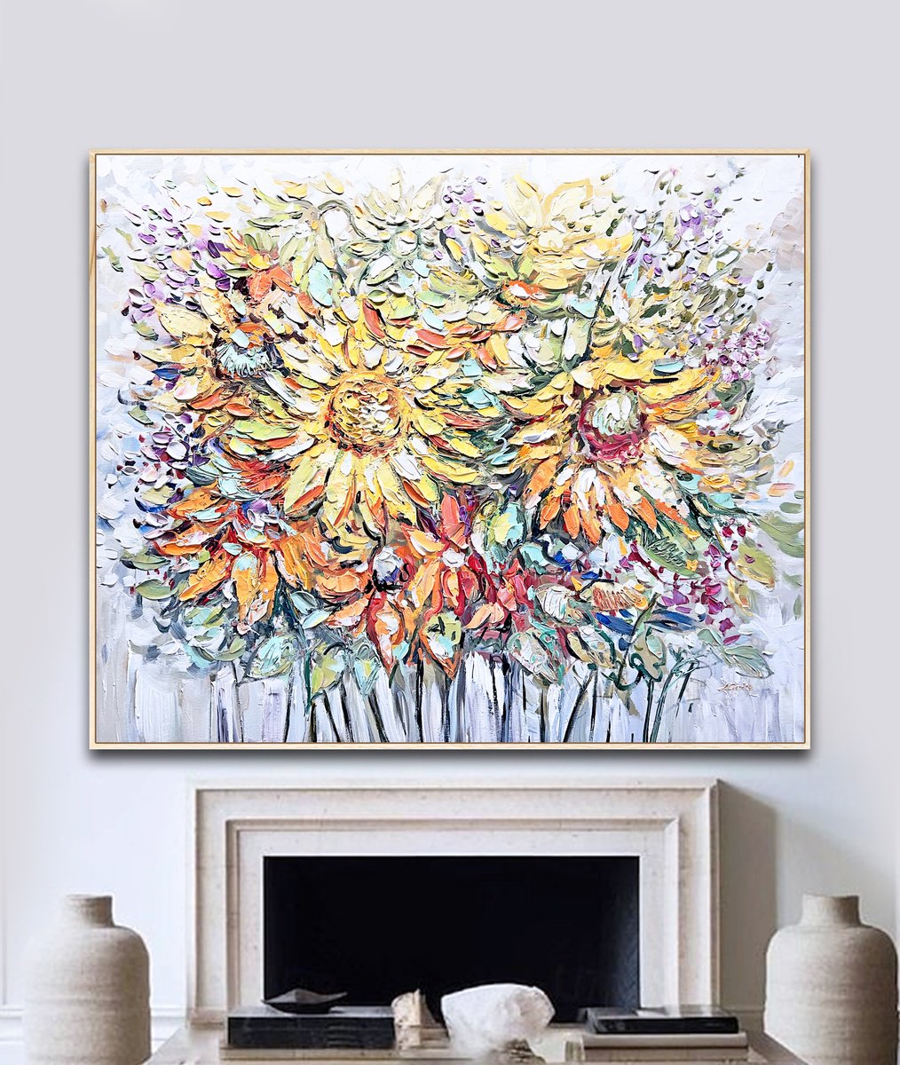 Abstract Botanical Acrylic Painting By Lana Guise, 49 X 41", Sun Rays, Original Artwork