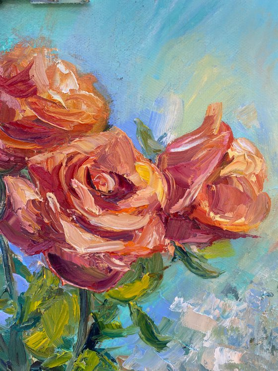 Roses in a vase, 35*45cm, impressionistic flowers oil painting in pink and turquoise