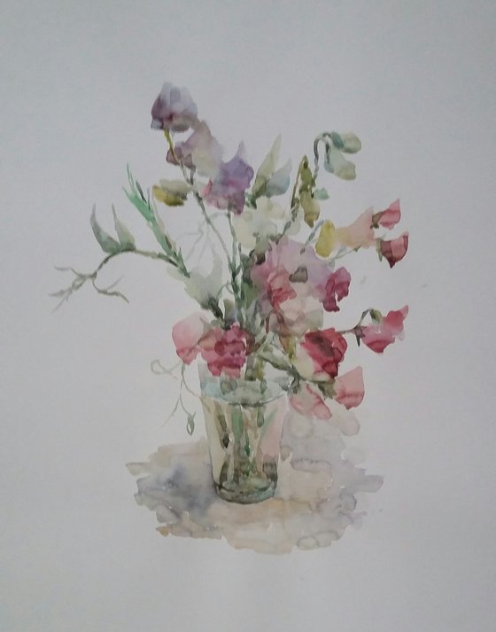 Bouquet of sweet peas. Original watercolour painting.