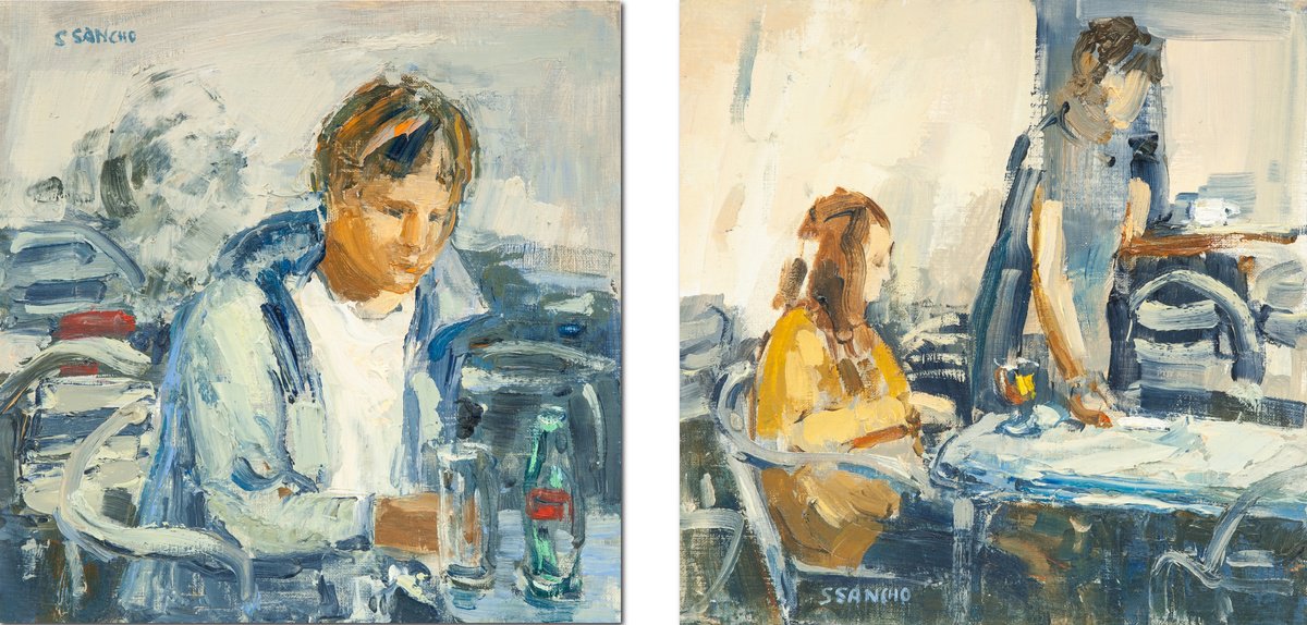 Expressive Portrait Oil Painting By Susana Sancho Beltran, 22 X 10", Diptych (Coffee), Original Artwork