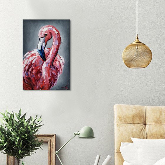 Bird glamor - flamingo, gift for her, oil painting, pink flamingoes