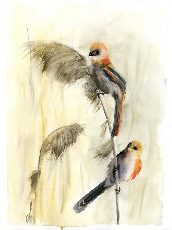 Two birds on a reed stalk #1