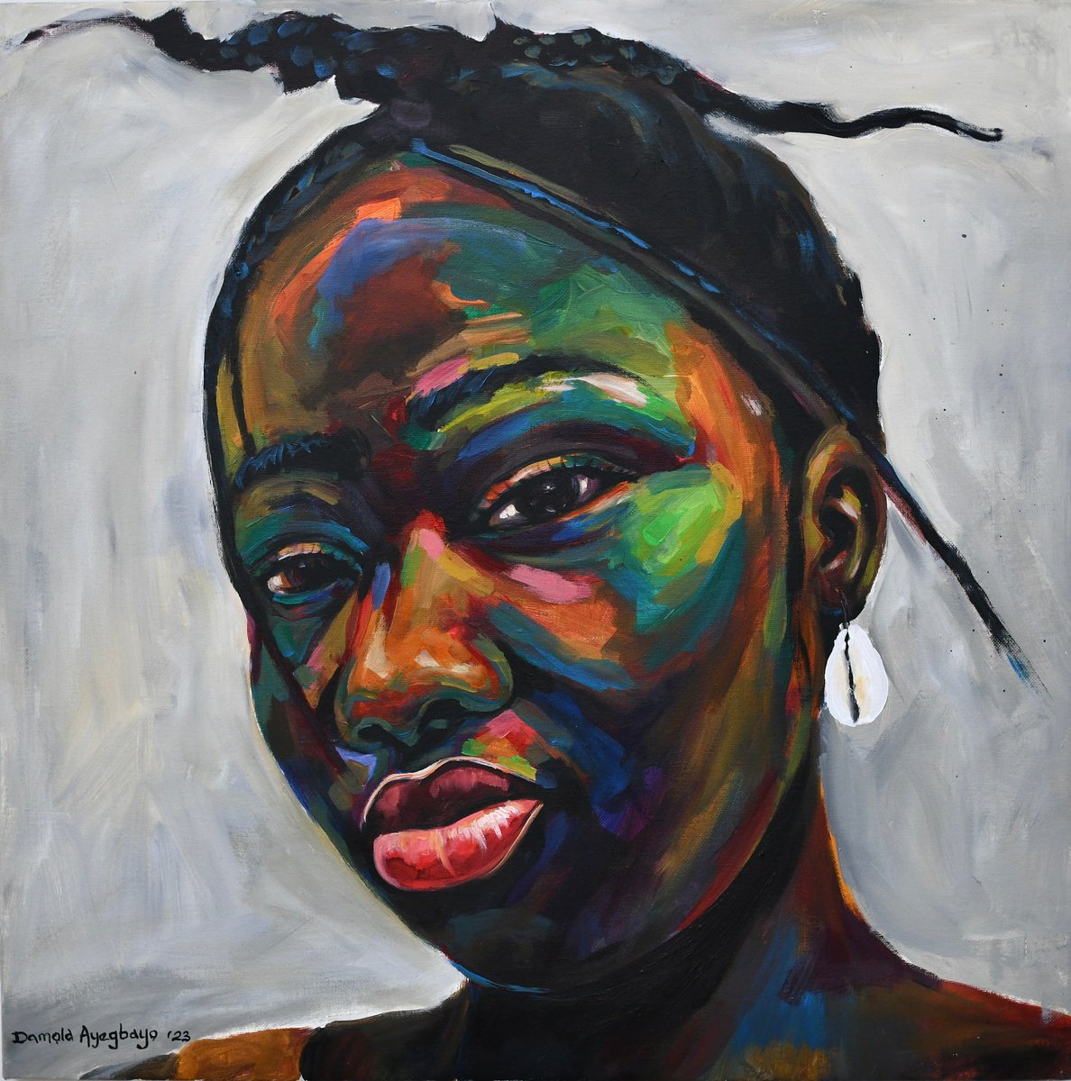 Expressive Portrait Acrylic Painting By Damola Ayegbayo, 24 X 24, Muddled 2, Original Artwork