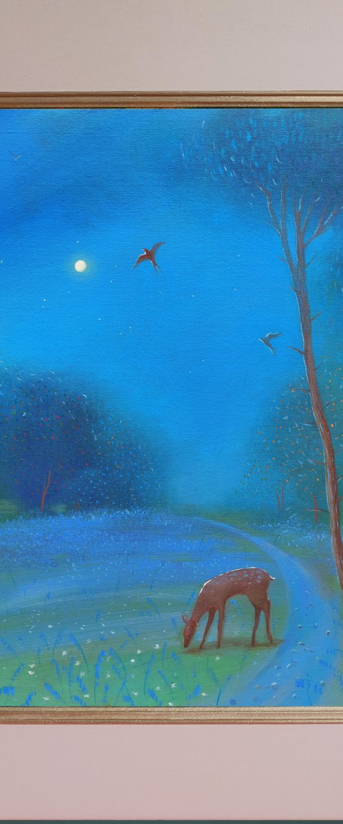 Bluebells Under The Full Moon - framed ready to hang by Ayna Paisley