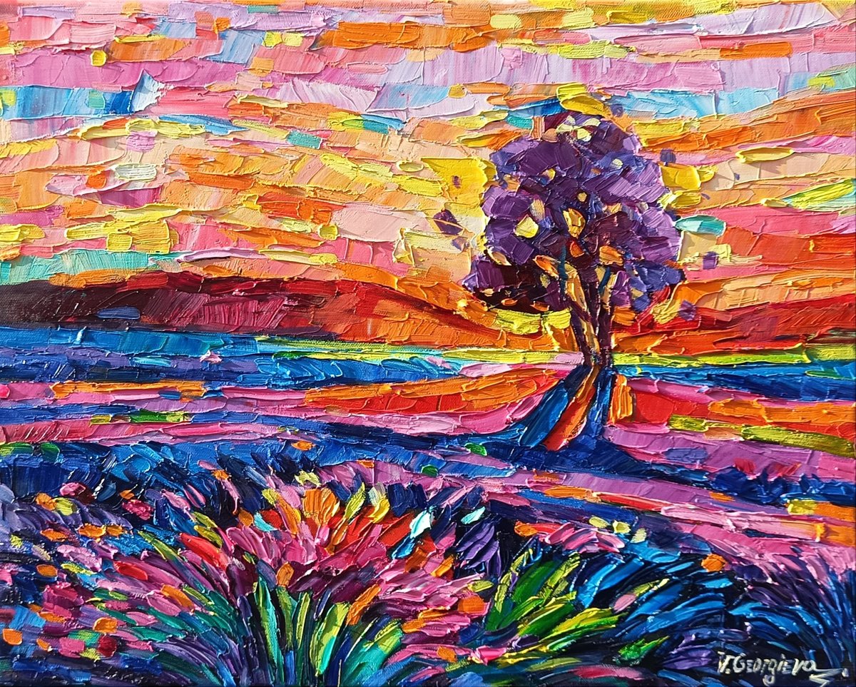 Expressive Landscape Oil Painting By Vanya Georgieva, 20 X 16", Lavender Sings 4, Original Artwork