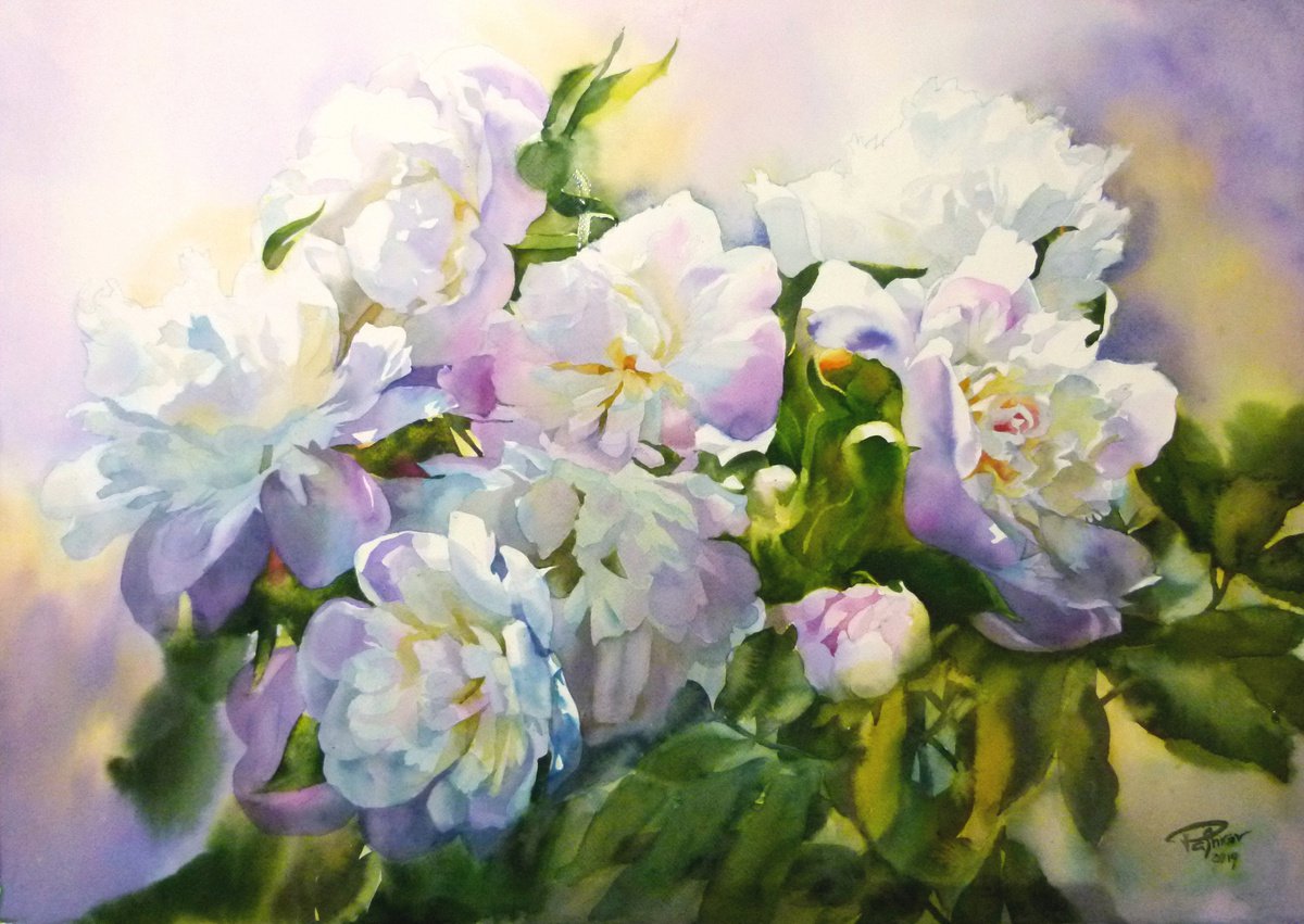 Impressionistic Botanical Watercolour By Yurii Pashkov, 30 X 22", Peonies#4, Original Artwork