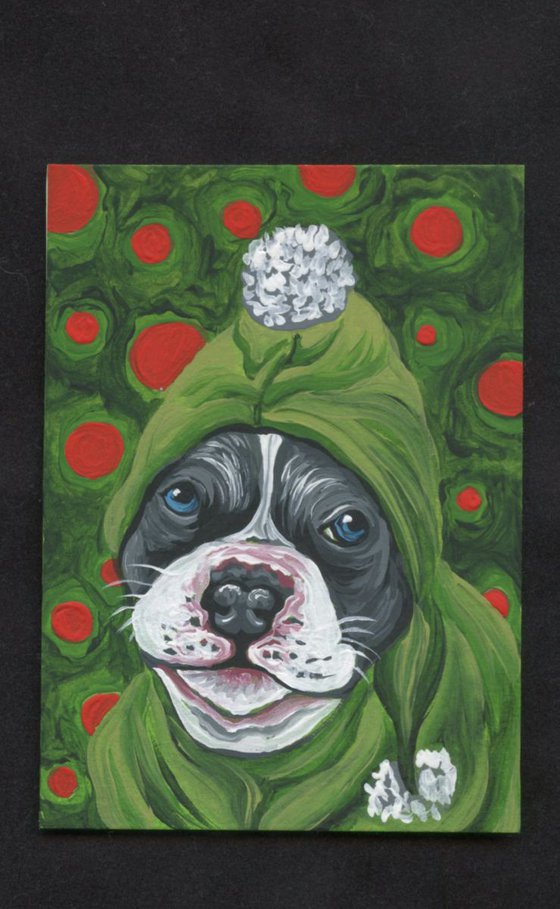 ACEO ATC Original Painting Christmas Elf Pit Bull Pet Dog Art-Carla Smale