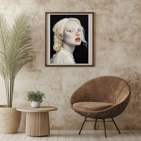 Albino girl in a laсe dress