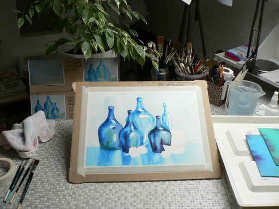 Symphony in Blue - watercolour bottlescape - original