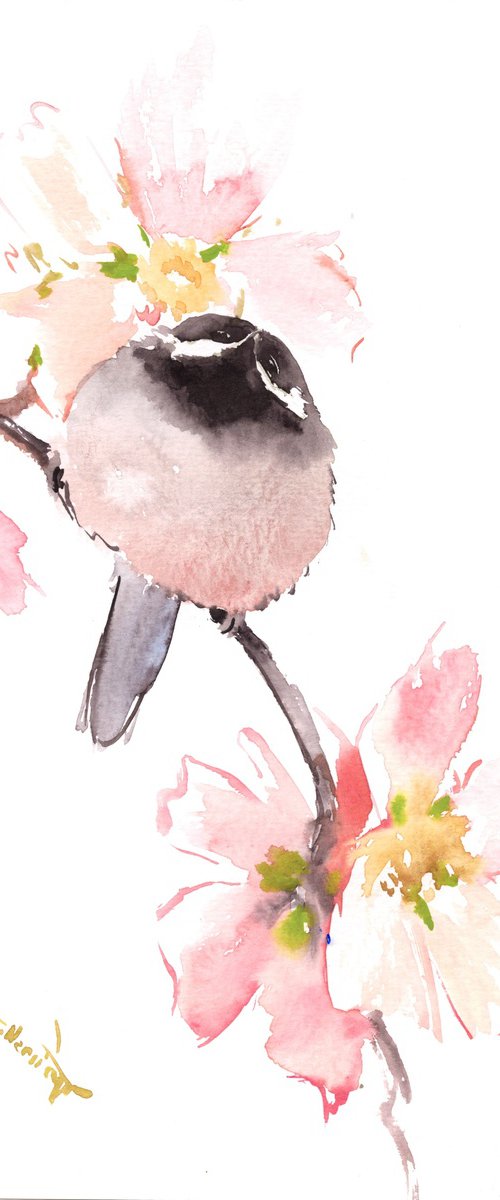 Chickadee and Spring Flowers by Suren Nersisyan