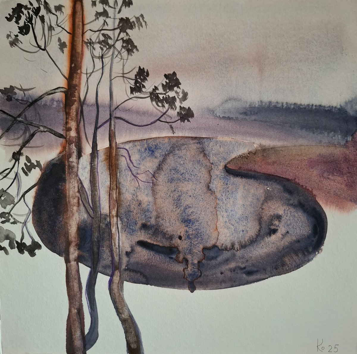 Graphic Landscape Drawing By Olena Kolotova, 10 X 10", Landscape "Dark Lake", Original Artwork