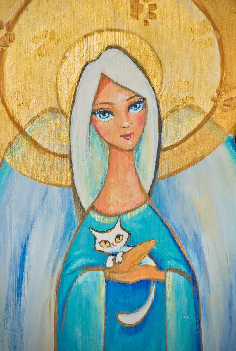 Cartoon Portrait Wood Sculpture By Eve Mazur, 6 X 19, Angel With Cat., Original Artwork