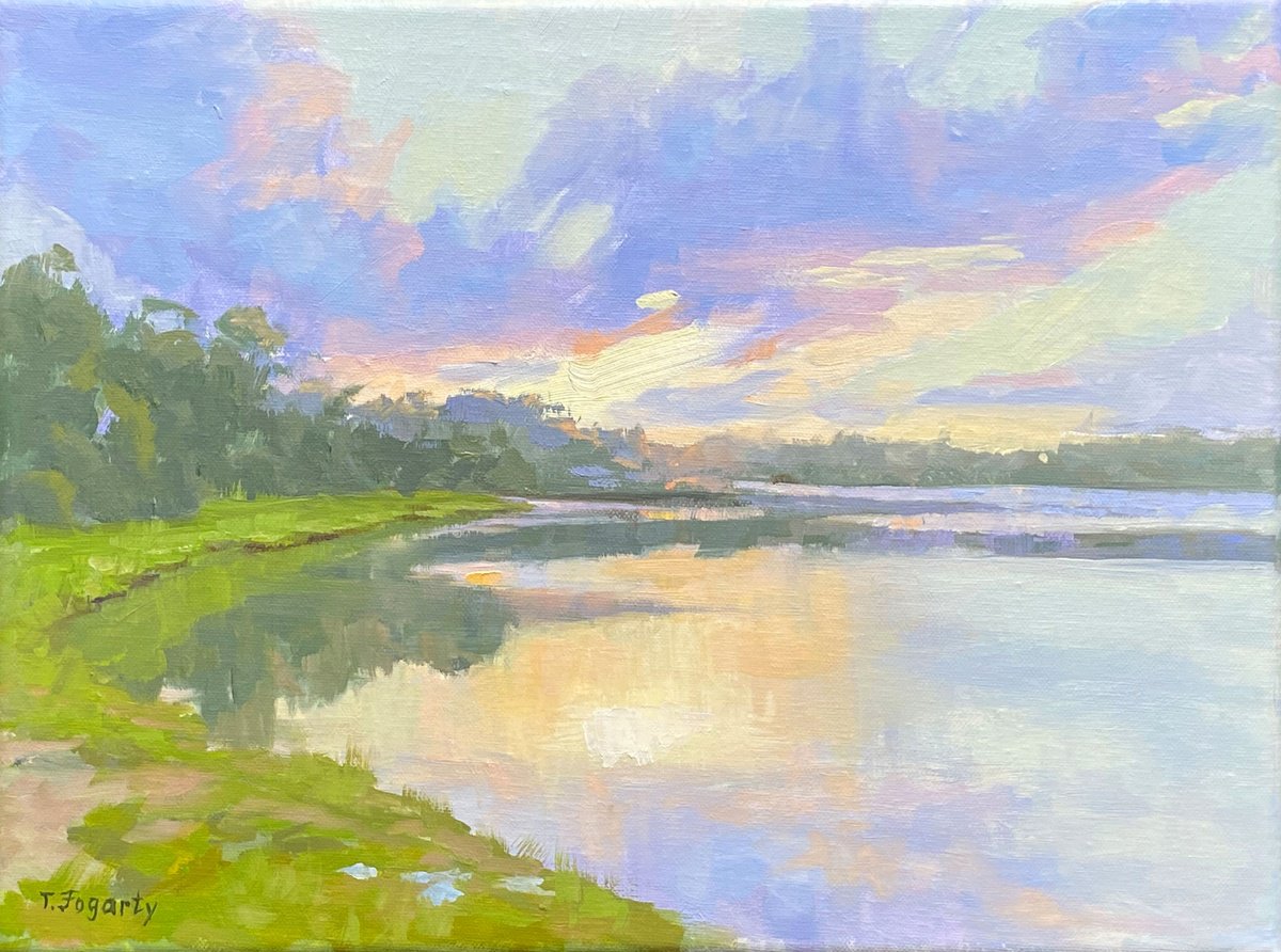 Impressionistic Landscape Oil Painting By Tatyana Fogarty, 12 X 9", Sunset Magic Hour At The Lake, Original Artwork