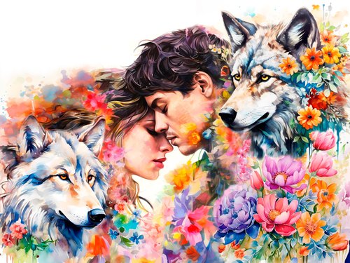 Love man and woman in flowers. Wolves. Floral large portrait wall home decor. Art Gift for couple by BAST