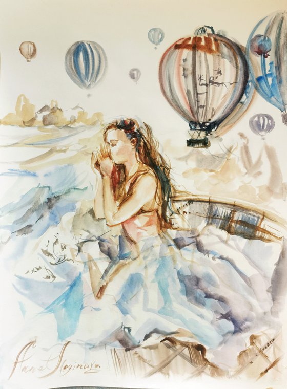 Balloons girl art, Watercolor Wall Decor, Cappadocia Landscape