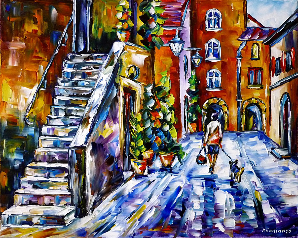 Expressive Cityscapes Oil Painting By Mirek Kuzniar, 20 X 16", Umbria